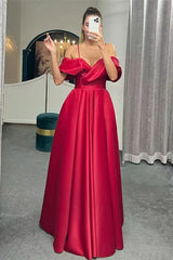 Spaghetti Straps Off the Shoulder A Line Lace Up Back Long Evening Dress