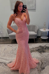 Spaghetti Straps Pink Prom Dress Lace Long Mermaid Formal Dress