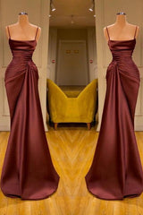 Spaghetti Straps Prom Dress Mermaid Satin Solid Formal Dress