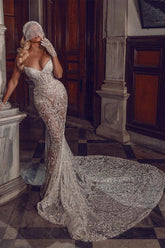 Spaghetti Straps Wedding Dress Ivory Mermaid Lace Bridal Gown
