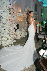 Spaghetti Straps Wedding Dress Mermaid Sleeveless Backless Beaded Bridal Dress