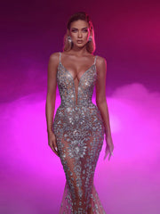 Spaghetti Straps Beaded Prom Dress Tulle Mermaid Evening Dress