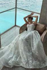 Spaghetti Straps Wedding Dress A Line Bridal Gown with Beaded Lace Appliques