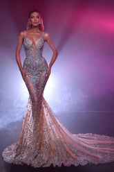 Spaghetti Straps Beaded Prom Dress Tulle Mermaid Evening Dress