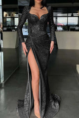 Sparkle Long Sleeves Evening Dress Sweetheart Sequin Mermaid High Split Prom Dress