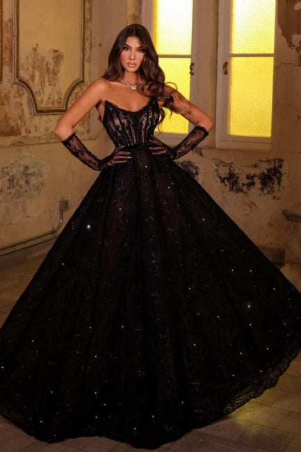 Sparkly Black Prom Dress Strapless A Line Beaded Lace Formal Dress With Rhinestones