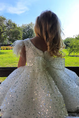 Sparkly Crew Neck Ball Gown Flower Girl Dress with Feathers