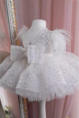 Sparkly Crew Neck Ball Gown Flower Girl Dress with Feathers