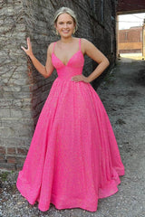 Sparkly Hot Pink Sequins A-Line Long Prom Dress