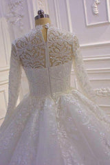 Sparkly Long Sleeve Wedding Dress Lace Ball Gown High Neck Tulle Bridal Gown