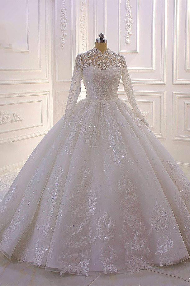 Sparkly Long Sleeve Wedding Dress Lace Ball Gown High Neck Tulle Bridal Gown