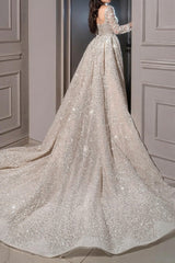 Sparkly Mermaid Wedding Dress Long Sleeves Beaded Bridal Dress with Panel Train