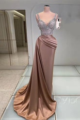 Sparkly Sequins V Neck Formal Dress Sleeveless Satin Formal Dress