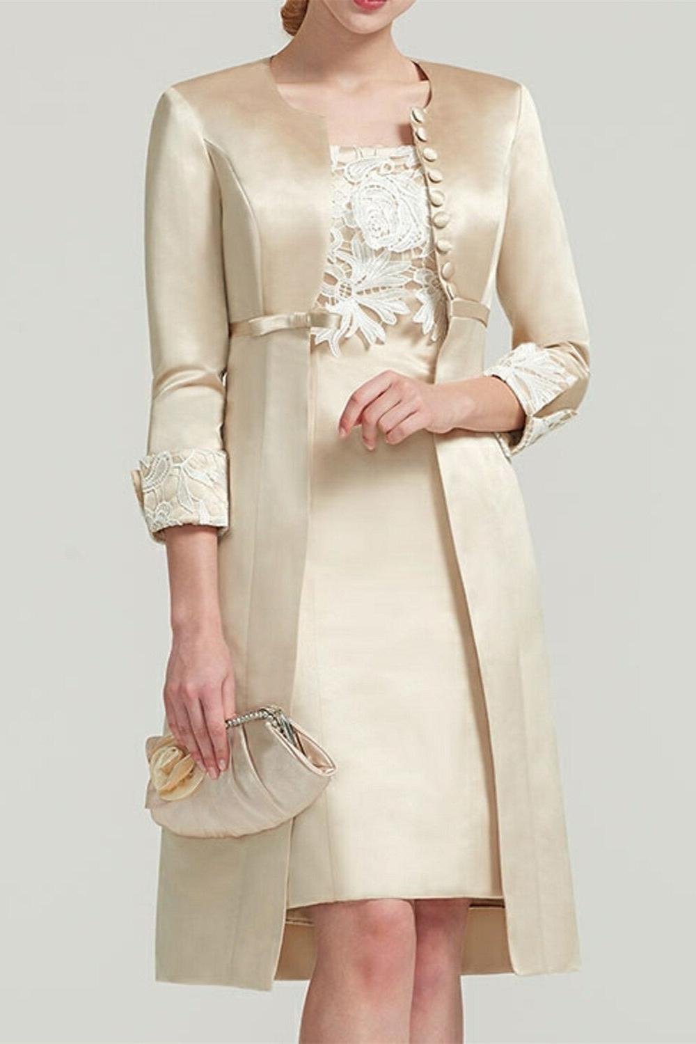 Square Neck Knee-Length Satin Lace Sheath Dress with Short Sleeves and Pleated Appliques for the Mother of the Bride