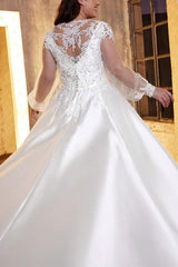 Square Neckline A-Line Wedding Dress with Long Sleeves in Lace/Satin