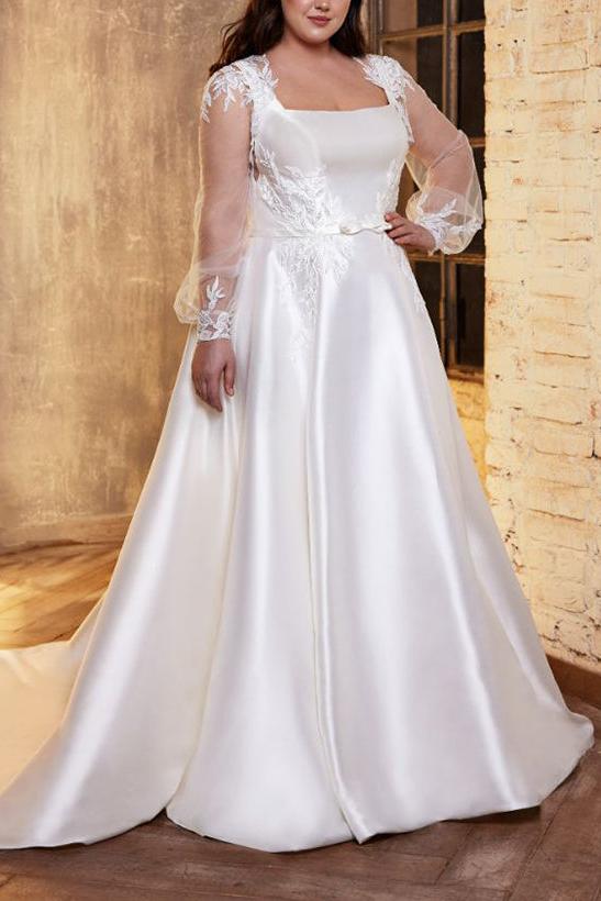 Square Neckline A-Line Wedding Dress with Long Sleeves in Lace/Satin