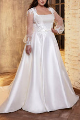 Square Neckline A-Line Wedding Dress with Long Sleeves in Lace/Satin