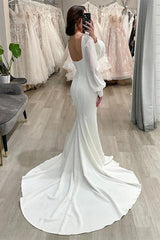 Square Neckline Long Sleeves Court Train Elastic Satin Mermaid Wedding Dress