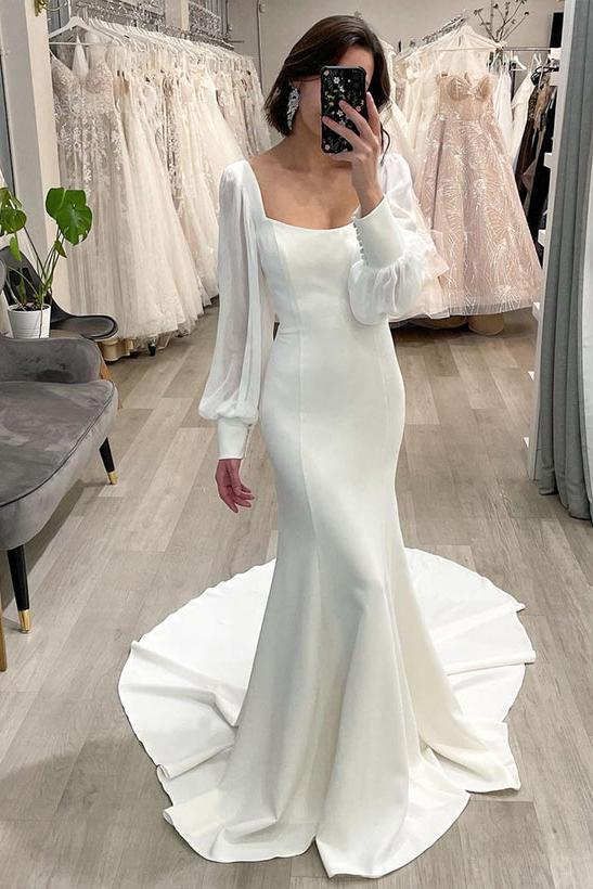 Square Neckline Long Sleeves Court Train Elastic Satin Mermaid Wedding Dress