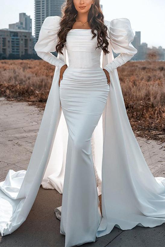 Square Neckline Long Sleeves Sweep Train Wedding Dresses