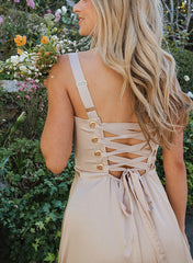 Square Neckline Sleeveless Floor Length Silk Like Satin Bridesmaid Dresses With Split Front