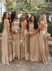 Square Neckline Sleeveless Floor Length Silk Like Satin Bridesmaid Dresses With Split Front