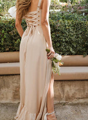 Square Neckline Sleeveless Floor Length Silk Like Satin Bridesmaid Dresses With Split Front