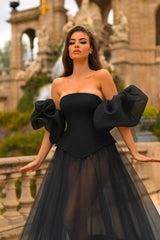 Strapless A Line Formal Dress Tulle Organza Prom Dress with 3D Flowers