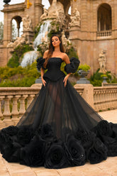 Strapless A Line Formal Dress Tulle Organza Prom Dress with 3D Flowers