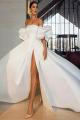 Strapless Ball-Gown Wedding Dress With Short Sleeves Satin Court Train and Split Front
