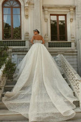 Strapless Beaded Ball Gown Lace Up Cathedral Train Bridal Gown With Appliques