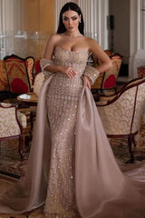 Strapless Evening Dress Beaded Tulle Organza Prom Dress with Panel Train