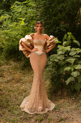 Strapless Evening Dress Mermaid Beaded Formal Dress with Sleeves