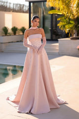 Strapless Formal Dress Light Blue Beaded A Line Prom Evening Dress