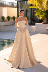 Strapless Formal Dress Light Blue Beaded A Line Prom Evening Dress