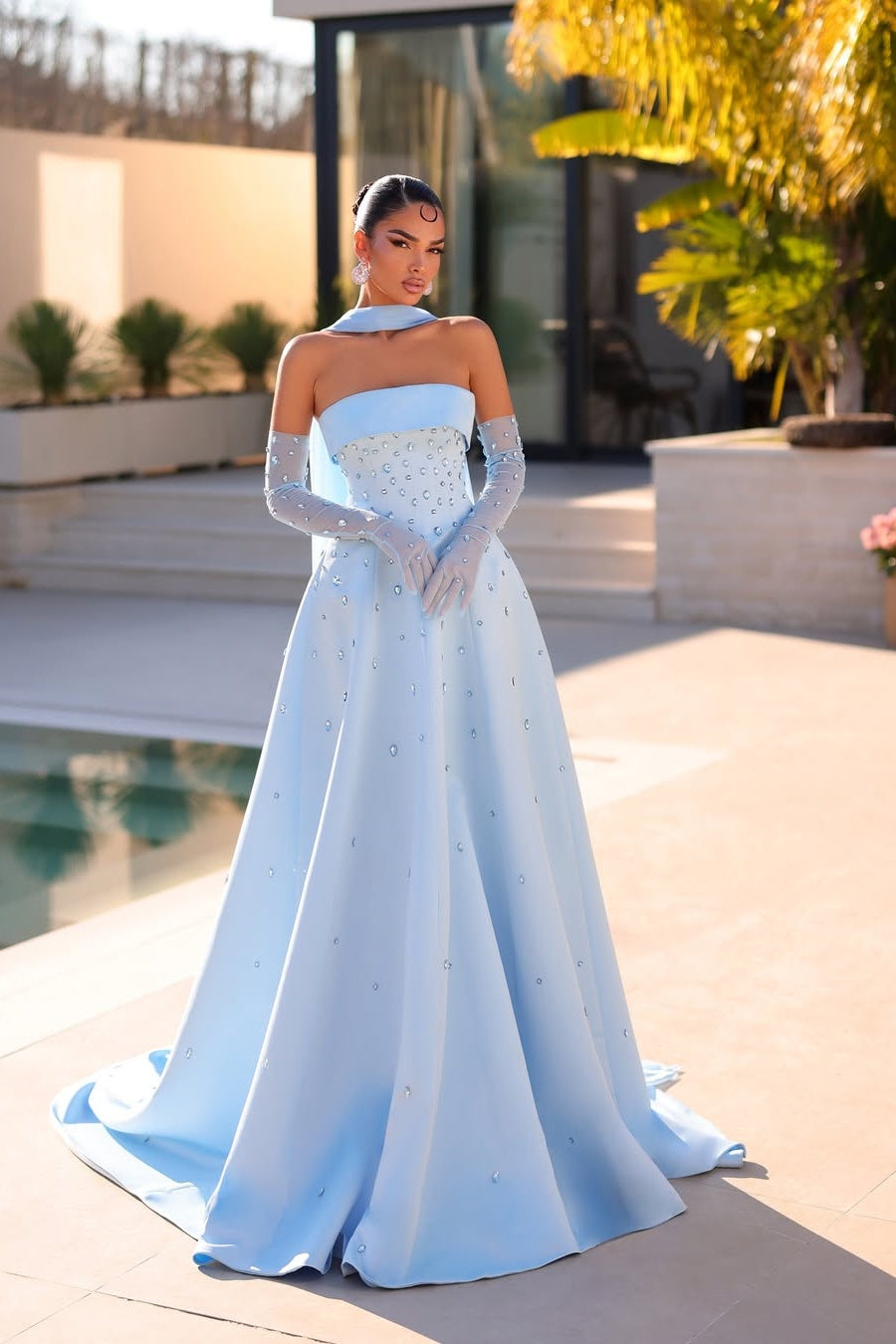Strapless Formal Dress Light Blue Beaded A Line Prom Evening Dress