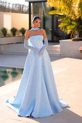 Strapless Formal Dress Light Blue Beaded A Line Prom Evening Dress