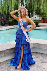 Strapless Hot A-Line Prom Dress With Keyhole Bodice Ruffle Skirt Slit And Lace Up Back Formal Evening Gown