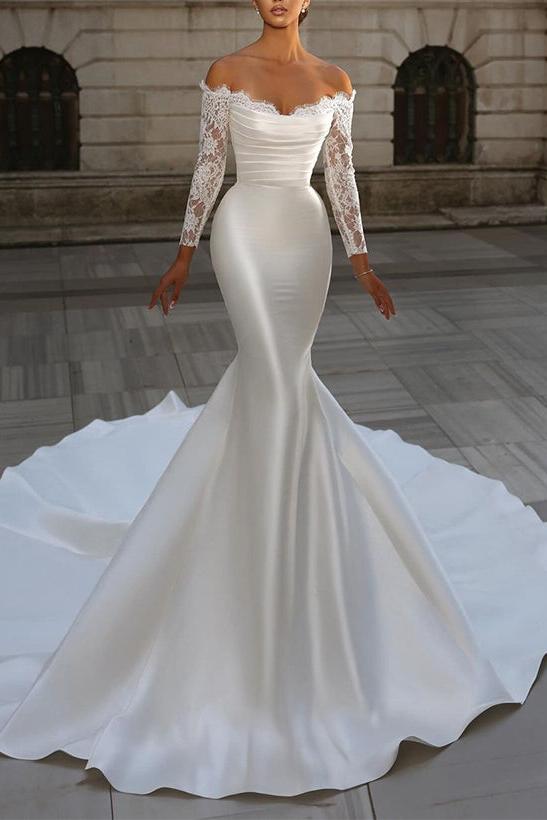 Strapless Long Sleeves Satin Wedding Dresses With Lace - Trumpet/Mermaid