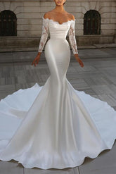Strapless Long Sleeves Satin Wedding Dresses With Lace - Trumpet/Mermaid