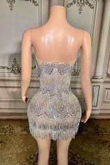 Strapless Mini Graduation Dress Silver Cocktail 1920s Party Dress with Fringes