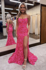 Strapless Prom Dress Sequin Lace Mermaid Formal Dress With Split