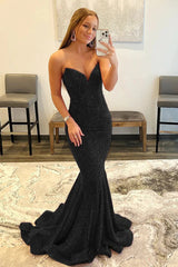 Strapless Sequined Black Prom Dress Mermaid Evening Dress