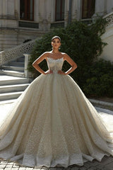 Strapless Sleeveless Beaded Ball Gown Lace Up Cathedral Train Bridal Gown With Appliques