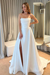 Strapless Sleeveless Court Train Satin Beach Wedding Dresses With Split Front