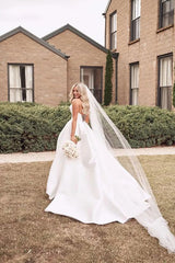 Strapless Sleeveless Satin Ball-Gown Beach Wedding Dress With Sweep Train and Split Front