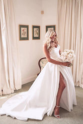 Strapless Sleeveless Satin Ball-Gown Wedding Dress With Sweep Train and Split Front