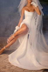 Strapless Sleeveless Satin Sweep Train Beach Wedding Dress