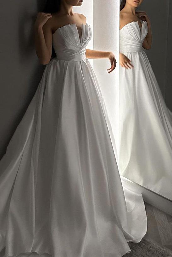 Strapless Sleeveless Satin Wedding Dresses With Ruffle