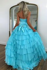 Strapless Tiered Princess A-Line Prom Dress With Slit And Bow Formal Evening Gown
